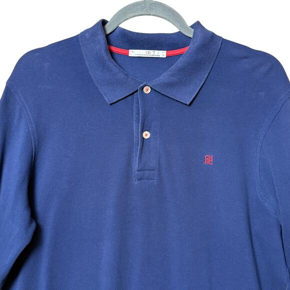 Carolina Herrera Logo Polo Shirt Long Sleeves M Navy Blue 100% Cotton - Picture 3 of 6